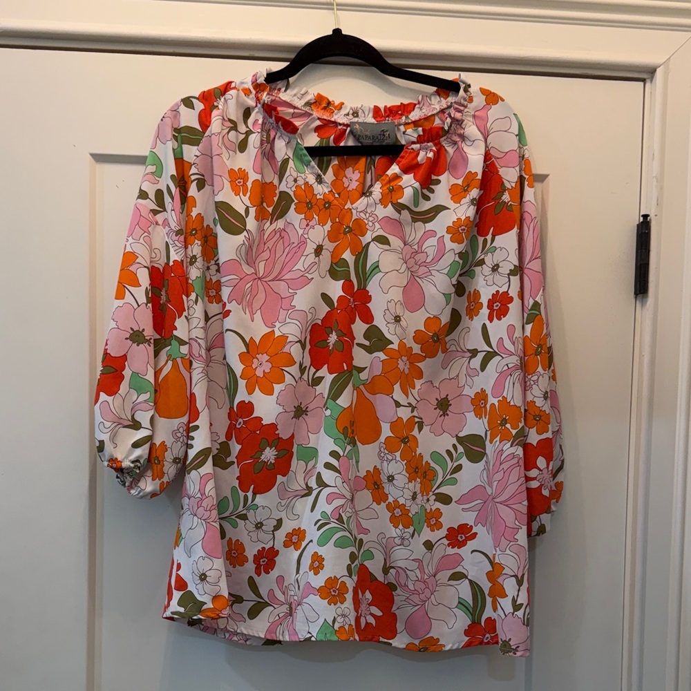 Vibrant Floral Blouse - Pink, Orange, Green
